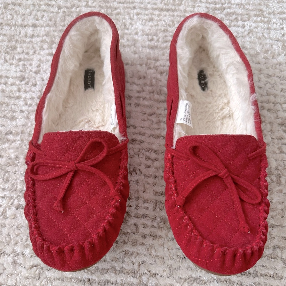 Talbots Red Quilted Faux-Fur Lined Moccasin Slippers